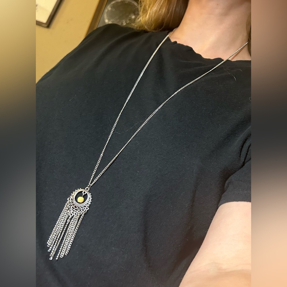 Long Chain Necklace, Yellow Bead, Chain Earring Set, Necklace and Earring Set